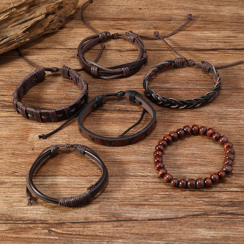 Set of 6 woven leather bracelets, unisex, adjustable, in black and brown.