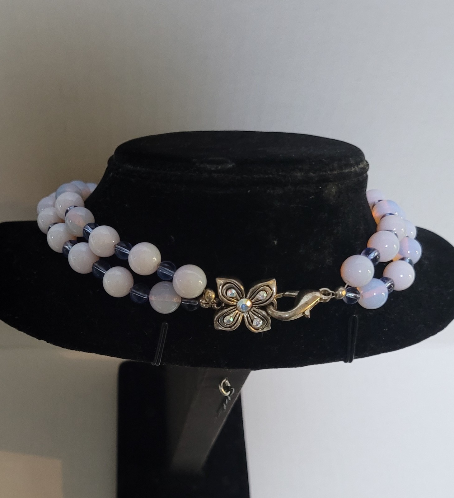 Opalite Double Strand Beaded Necklace Aprox Lengths 16 17 Inches Silver Tone