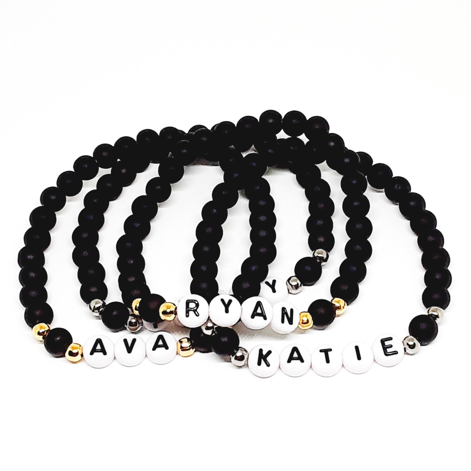 Matte Black Personalized Custom Name or Word Beaded Stretch Bracelet. Unisex