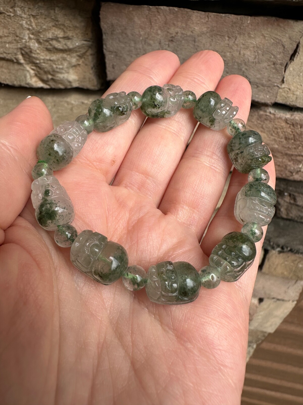 Moss Agate Bracelet Carved Pixiu Artisan Handcrafted