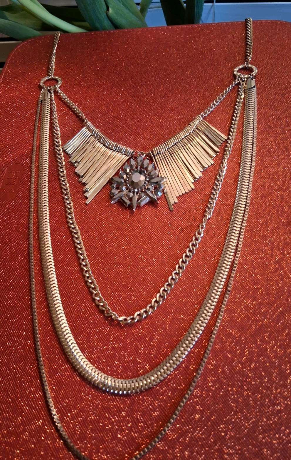 Gold & Silver Rhinestone Statement Necklace Multiple Layers (Read Description)
