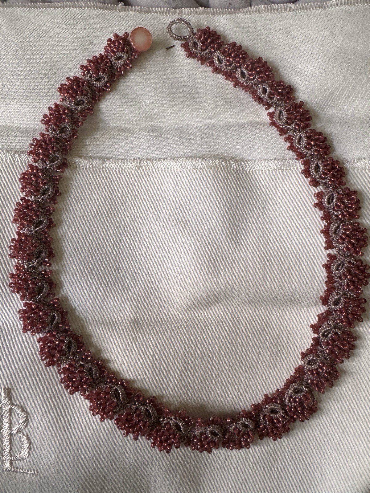 Lorina-Balteanu Red & Silver Glass bead lace collar in original packaging