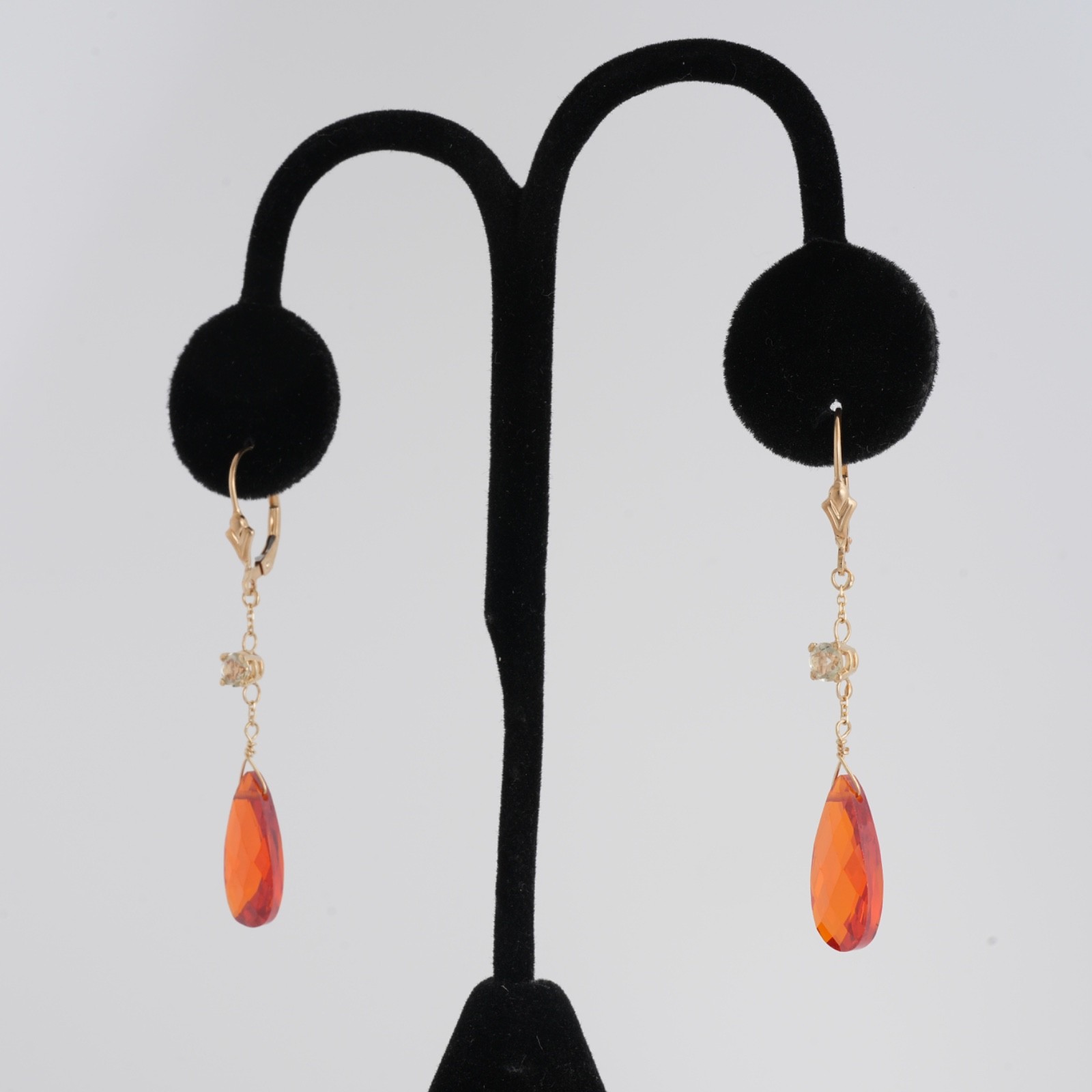 14K Gold Briolette Earrings Dangle Drop Faceted Red Orange Stones 2.25″ drop