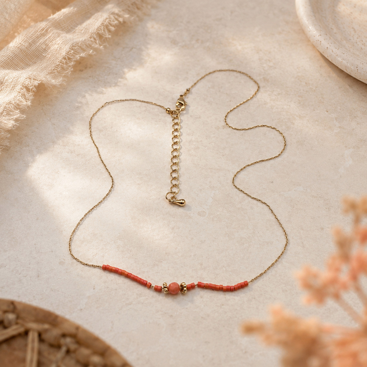 Orange Seed Bead Bar Station Necklace Gold Tone Dainty Minimalist 18.5 In Vtg.