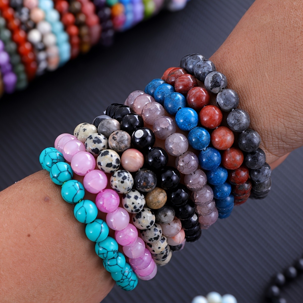 17Pcs Stone & Glass Bead Bracelet Bulk Elastic Set for Men Women Daily Wear Gift