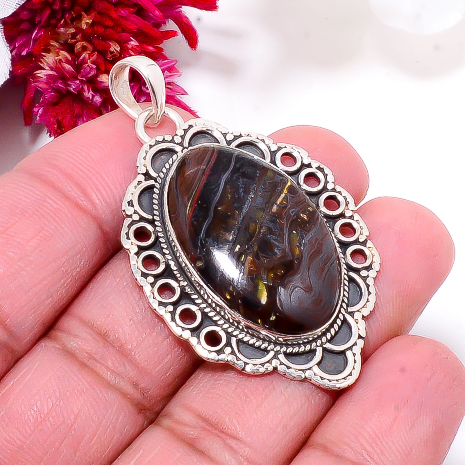 Iron Tiger Eye – South Africa 925 Sterling Silver Bali Pendant 1.95″ Sku36