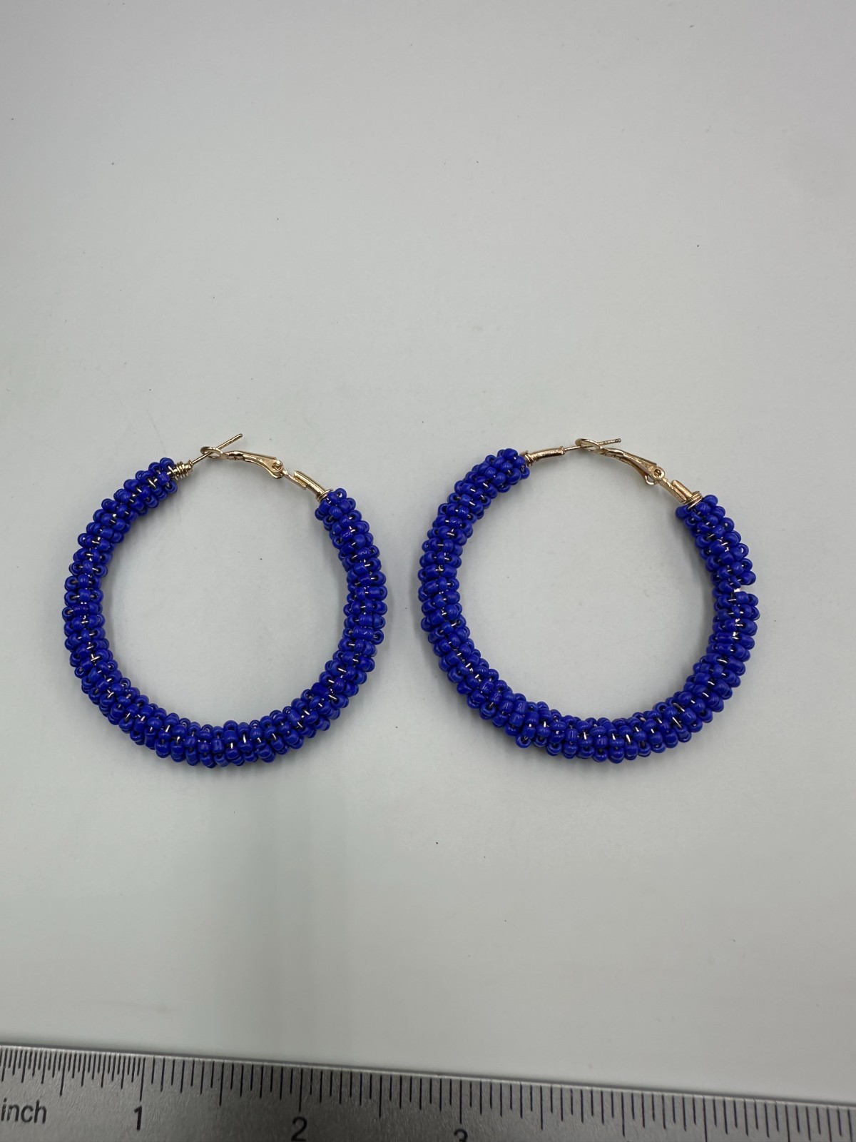 Blue Beaded Hoop Earrings Gold Tone Seed Beads Wire Wrapped Chunky Statement
