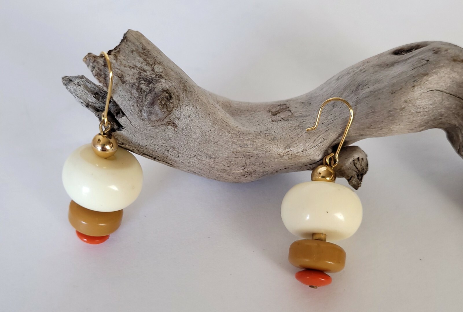 Vintage Gold Tone Neutral Colors Round Acrylic Bead Layered Dangle Earrings Hook