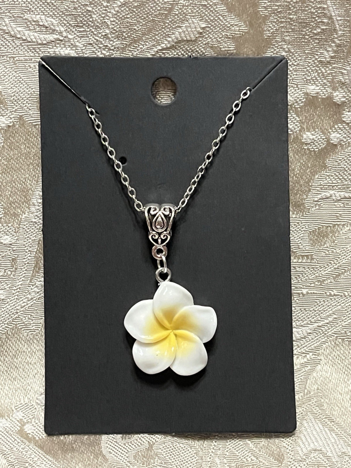 White Floral Camellia Flower Resin Pendant Silver 18” Necklace Boho Fashion