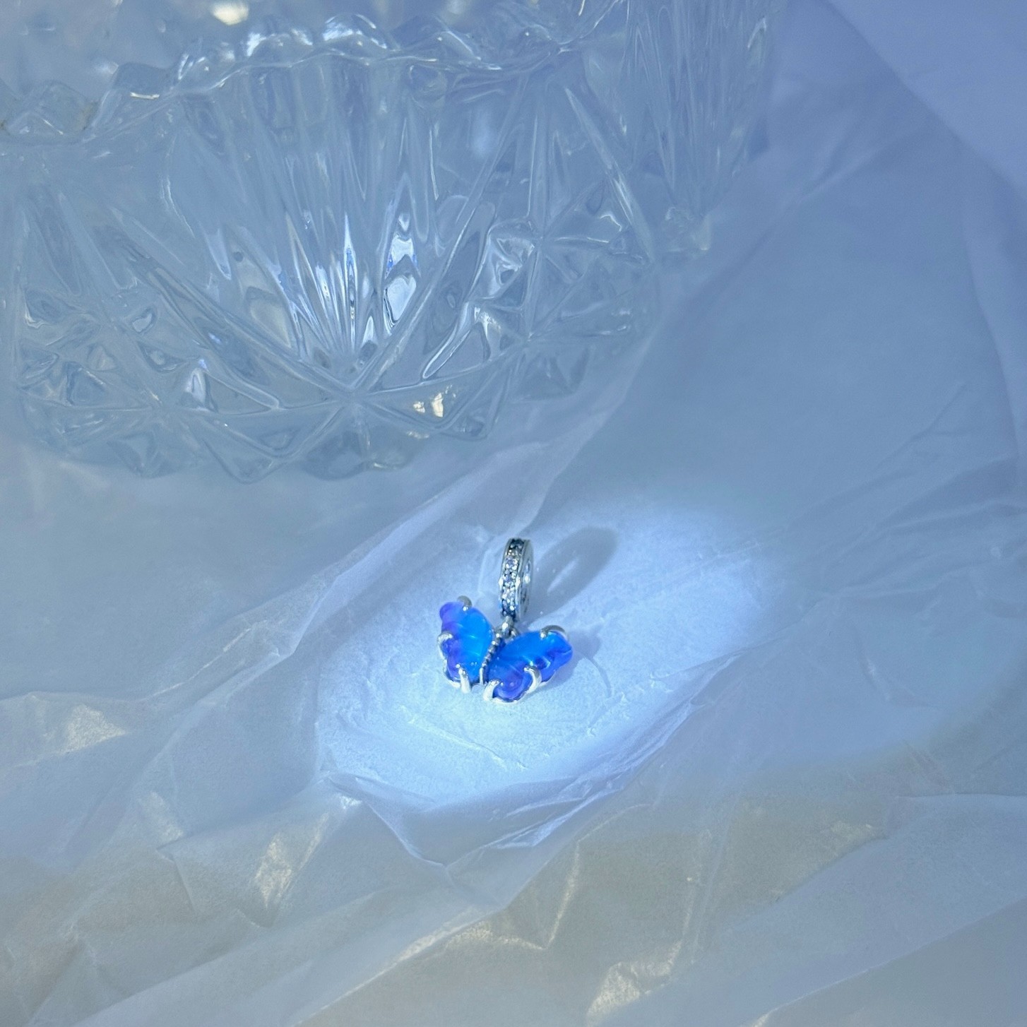 Pandora Blue Murano Glass Butterfly Dangle Charm Sterling Silver CZ #792698C01