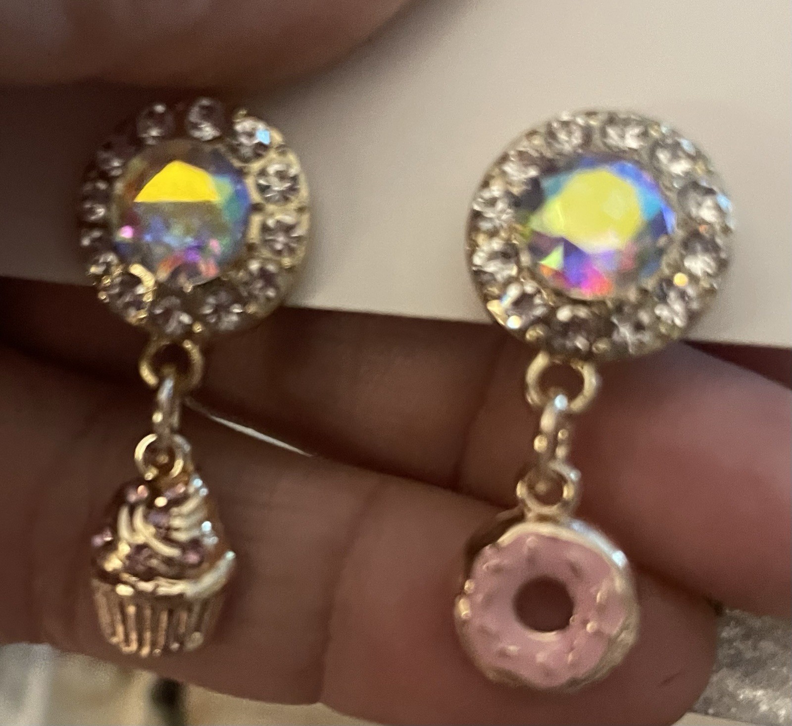 Bling Handmade Bling Gold Cupcake & Pink Donut Charms Mismatched Earrings E-03