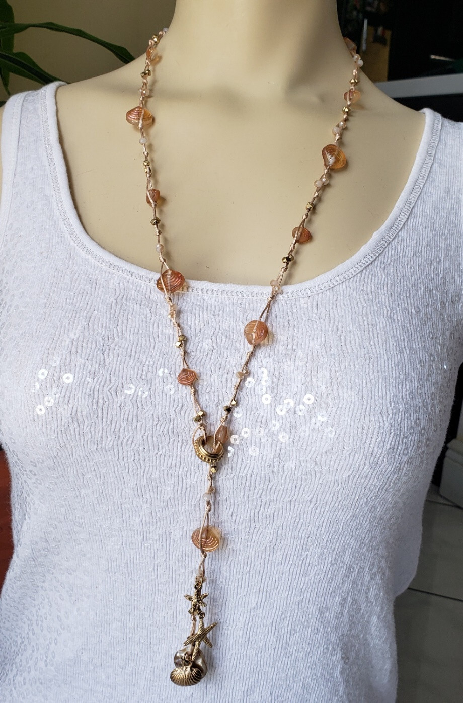 Sea Life Starfish Glass Shell Coral Beach Woven Rope Y Lariat Long Necklace NWT