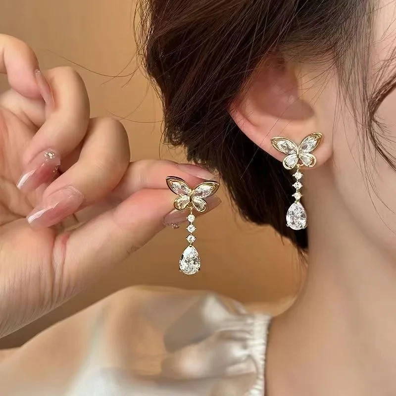 Butterfly Crystal Tassel Drop Earrings Long Dangle Stud Women Jewellery Gift