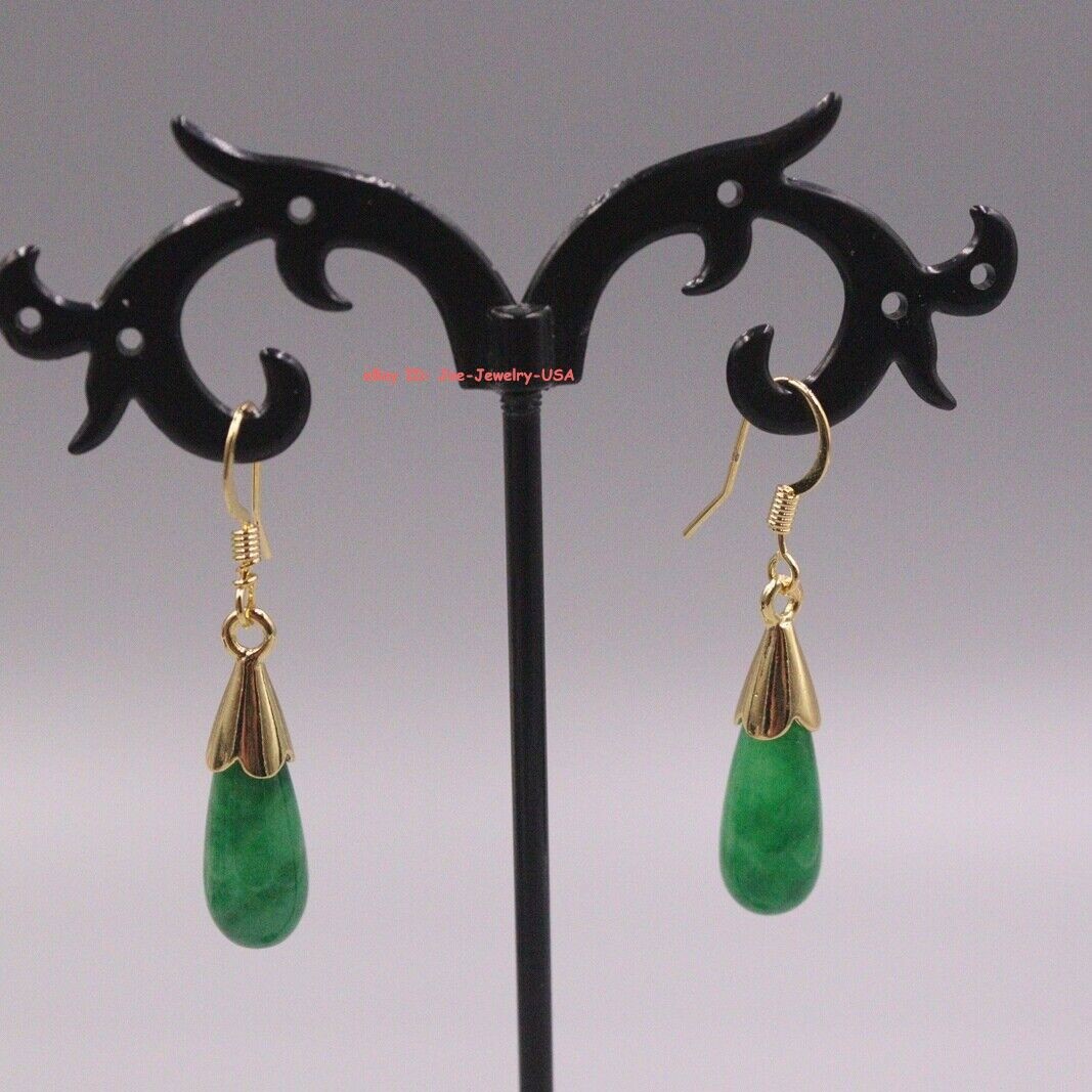 New Gold Plated Alloy Heated Dark Green Jade Droplet Charm Dangle Earrings