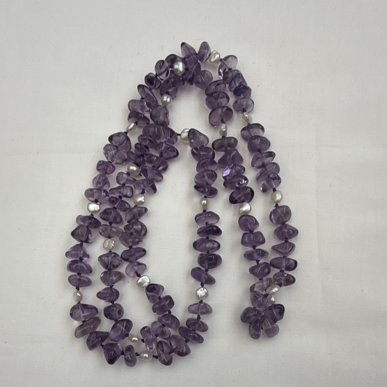 Genuine Amethyst nugget Beaded Strand Necklace freshwater pearl spacer.