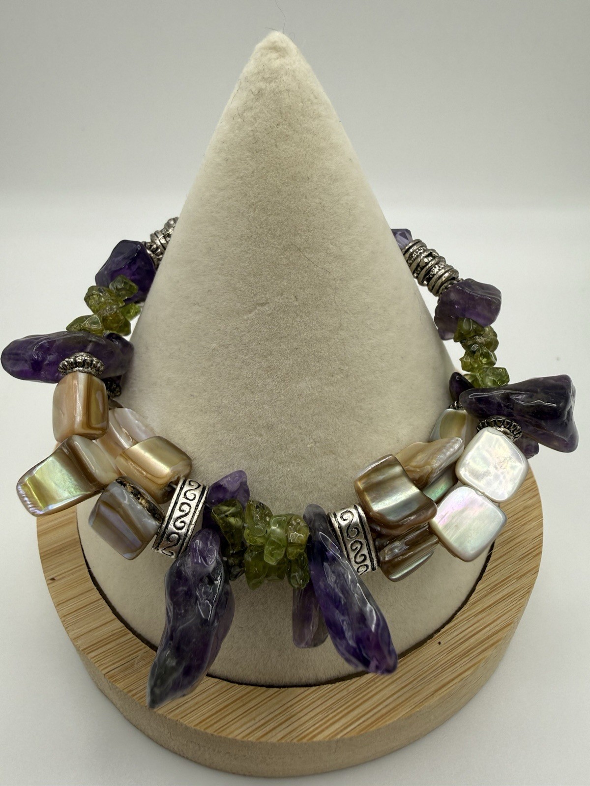 Silver Tone Bracelet Rough Amethyst Peridot & Abalone 6”