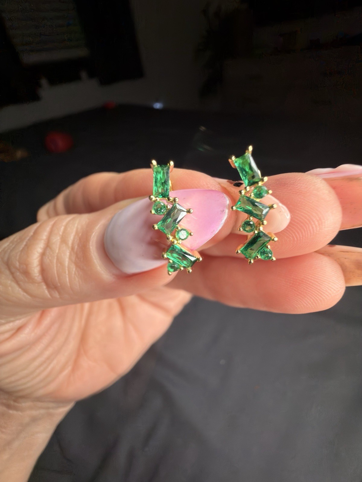 18K Gold Filled Emerald Green CZ Ear Climber Huggie Earrings