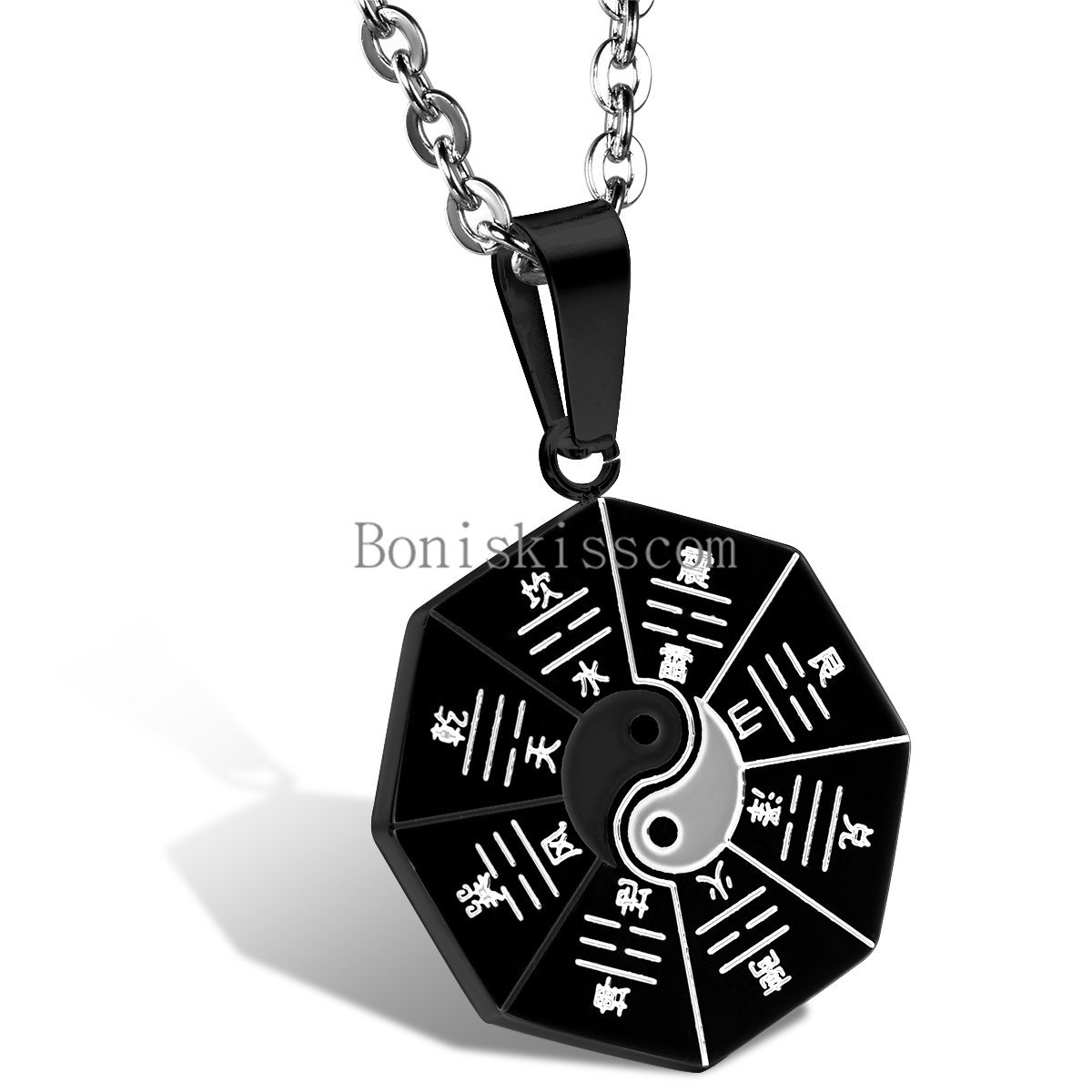 Stainless Steel Yin Yang Ba Gua Eight Diagrams Necklace Pendant Black / Silver