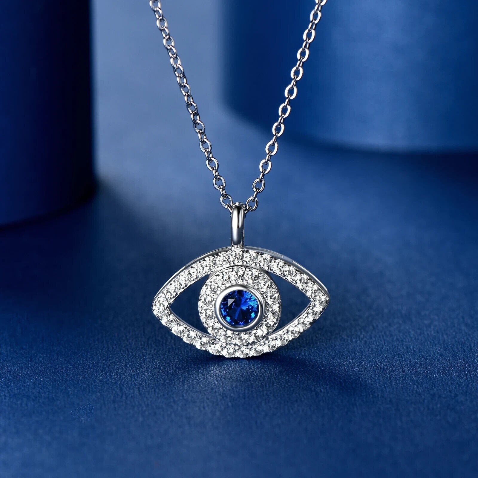 Women’s Stunning Eye Pendant Round Cut Simulated Sapphire 14K White Gold Plated