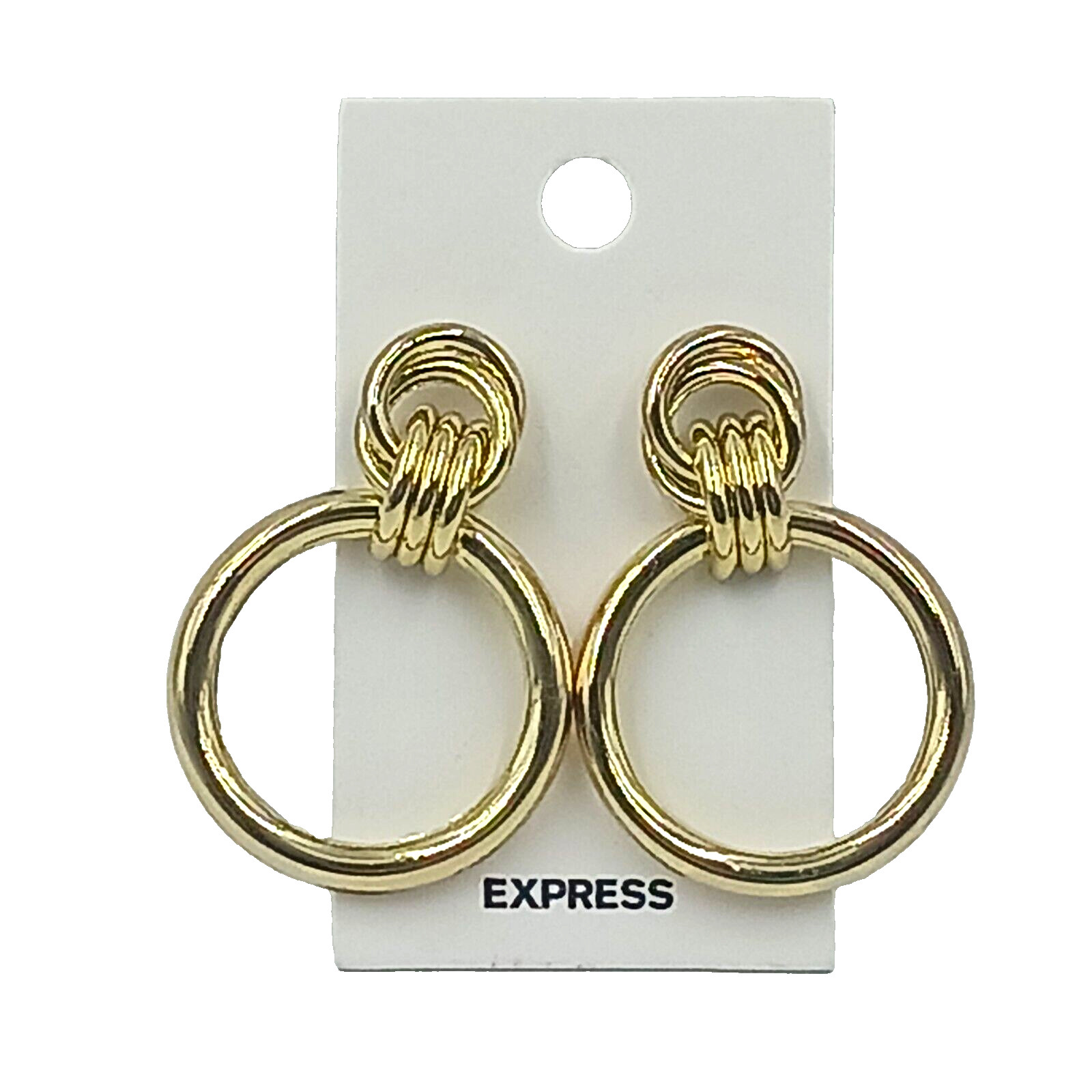 Express 1 5/8″ Thick Dangle Hoop Push Back Pierced Earrings Gold Tone Shiny New