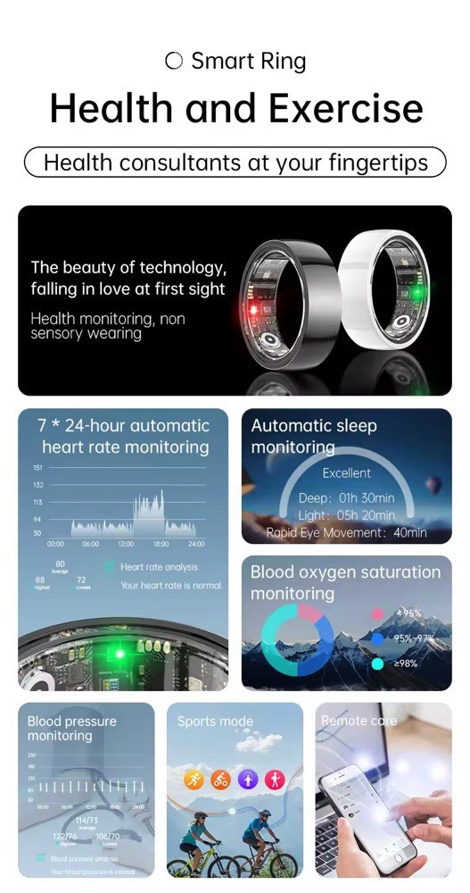 Ceramic Smart Ring Health Fitness Tracker IP68 Monitor Heart Sleep, Blood Oxygen