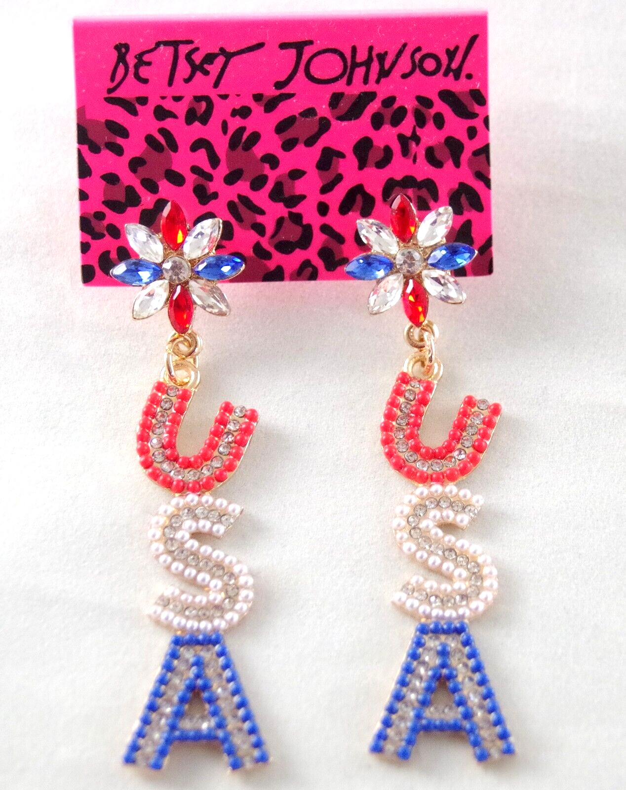3″ BETSEY JOHNSON PATRIOTIC USA RED WHITE & BLUE RHINESTONE DROP DANGLE EARRINGS