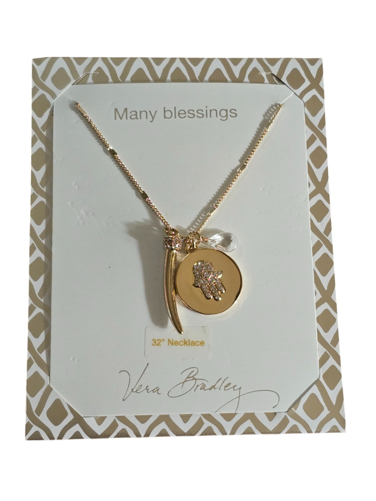 Vera Bradley Gold Plated Many Blessings Long Hamsa Necklace NWT 32″