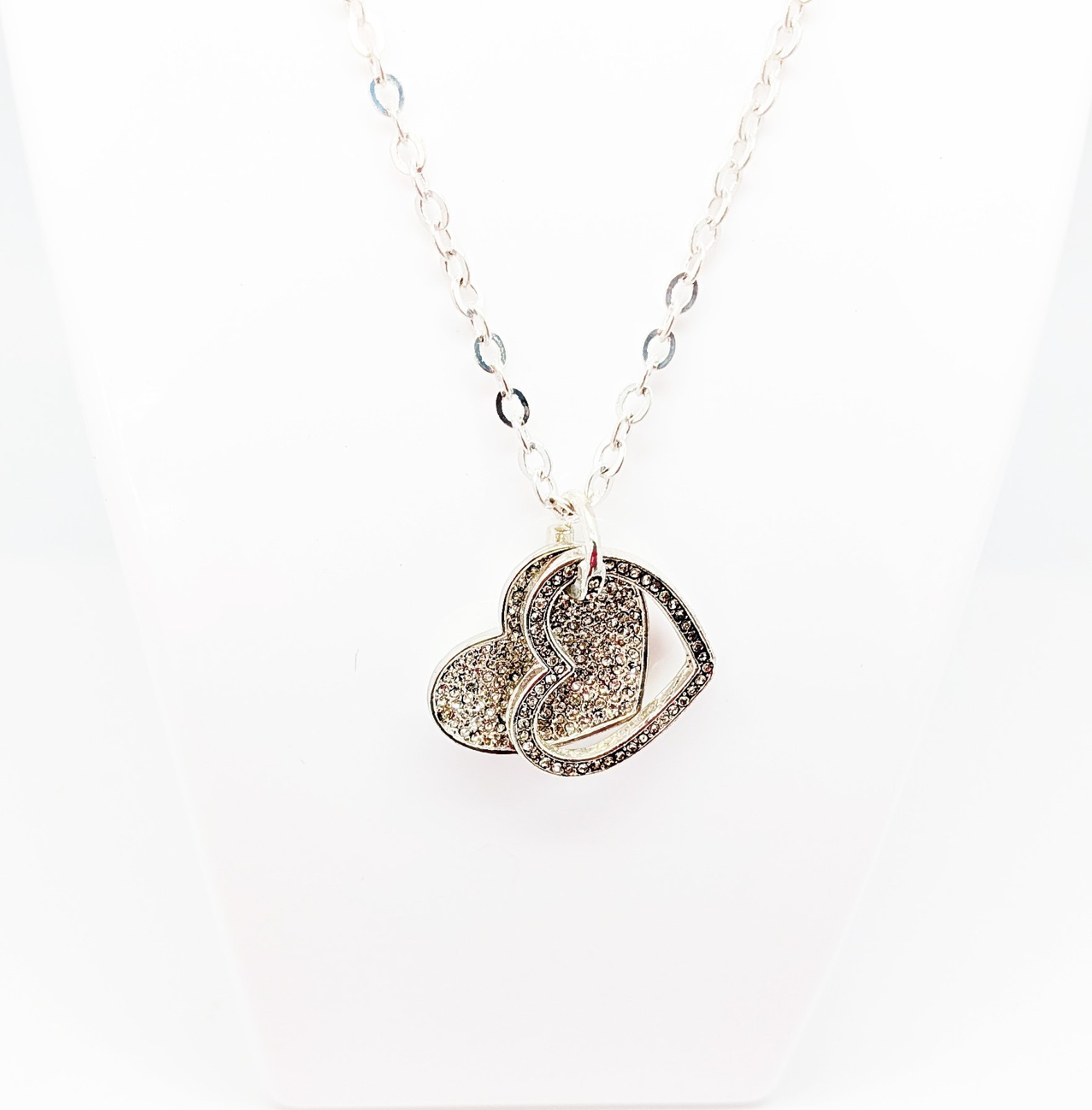 DESIGNER INSPIRED 17 in CLEAR CRYSTAL SILVER TONE DOUBLE HEART ROLO NECKLACE NEW