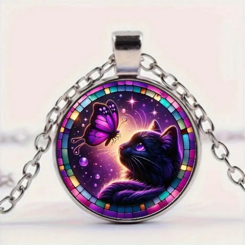 Charming Cat and Butterfly Art Round Pendant Necklace
