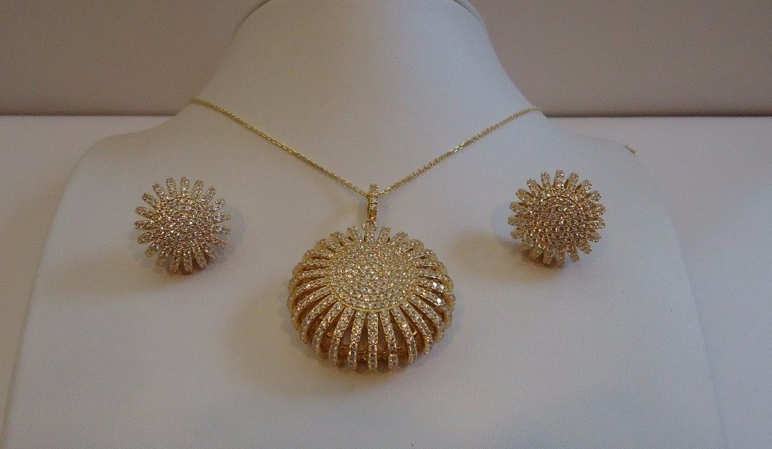 YELLOW PUFF SUN NECKLACE & EARRING SET12 CT LAB CREATED DIAMOND STERLING SILVER