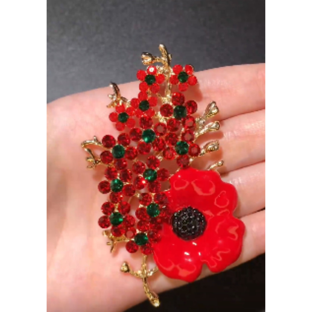 Beautiful Poppy Flowers Brooch Pin – Rhinestone Enamel Jewelry Gift USA