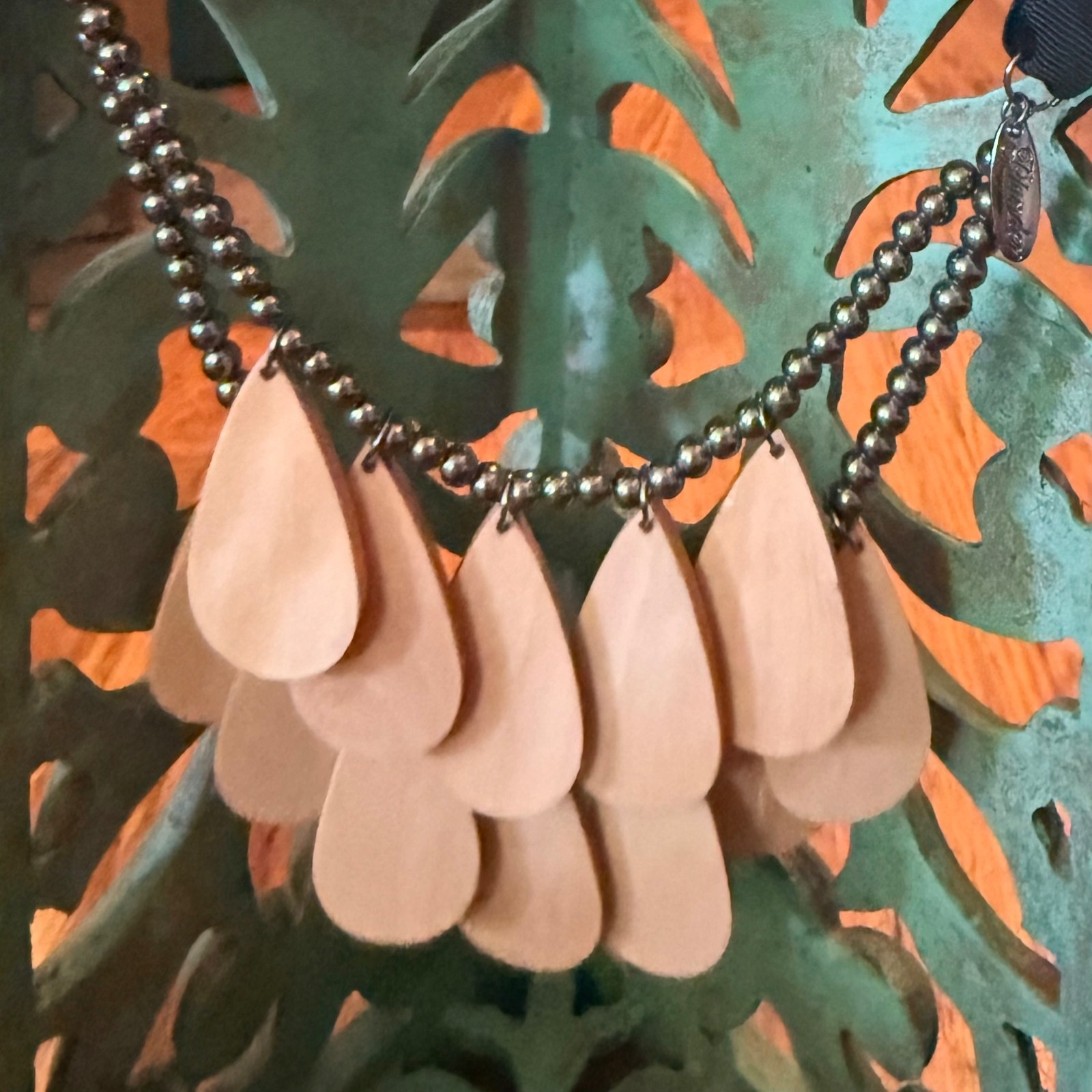 Plunder Wooden Teardrop Pendant Necklace with Black Ribbon Tie