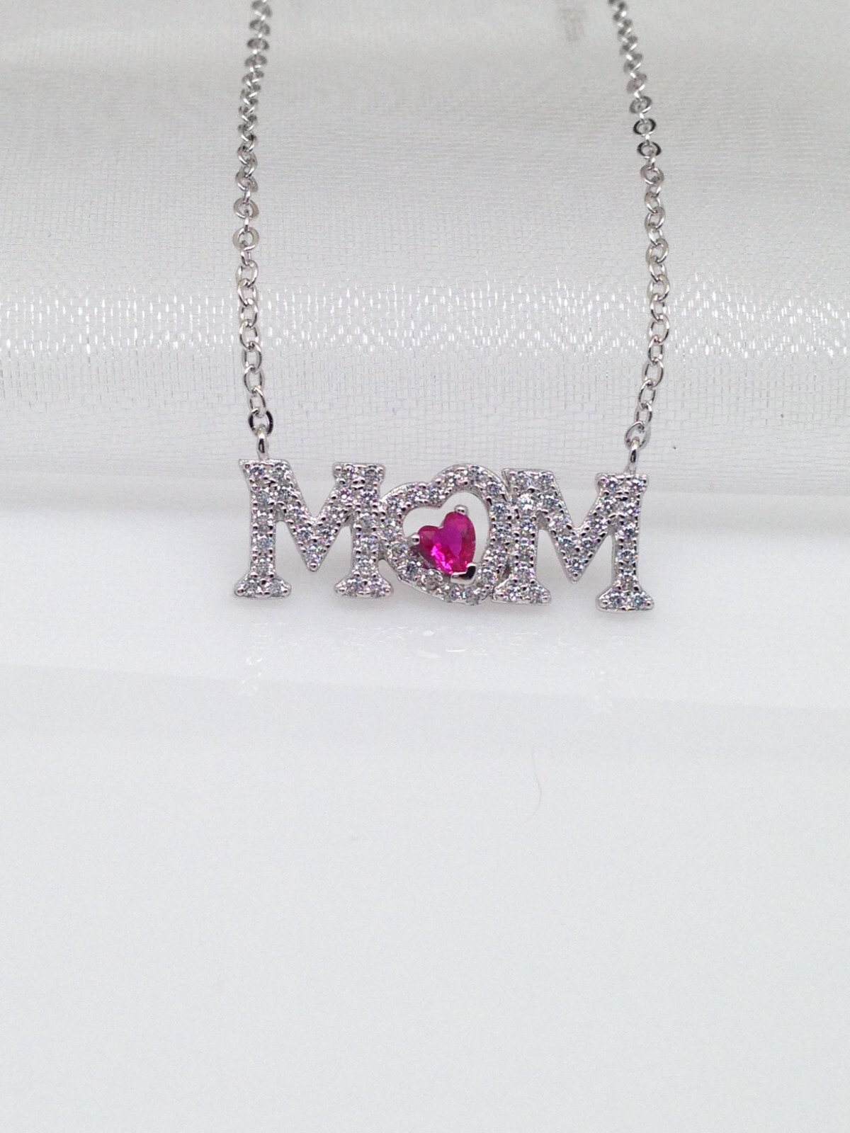 925 Sterling Silver CZ Pink Heart Mom Script Pendant Necklace 20mm 17.25″