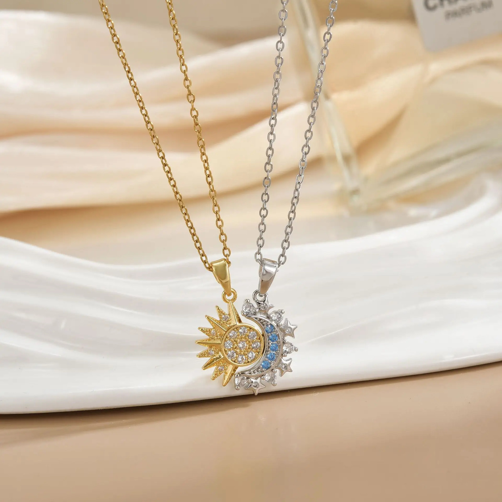 Couple Sun Moon Pendant Necklace Open Ring Set Retro Jewelry Gift
