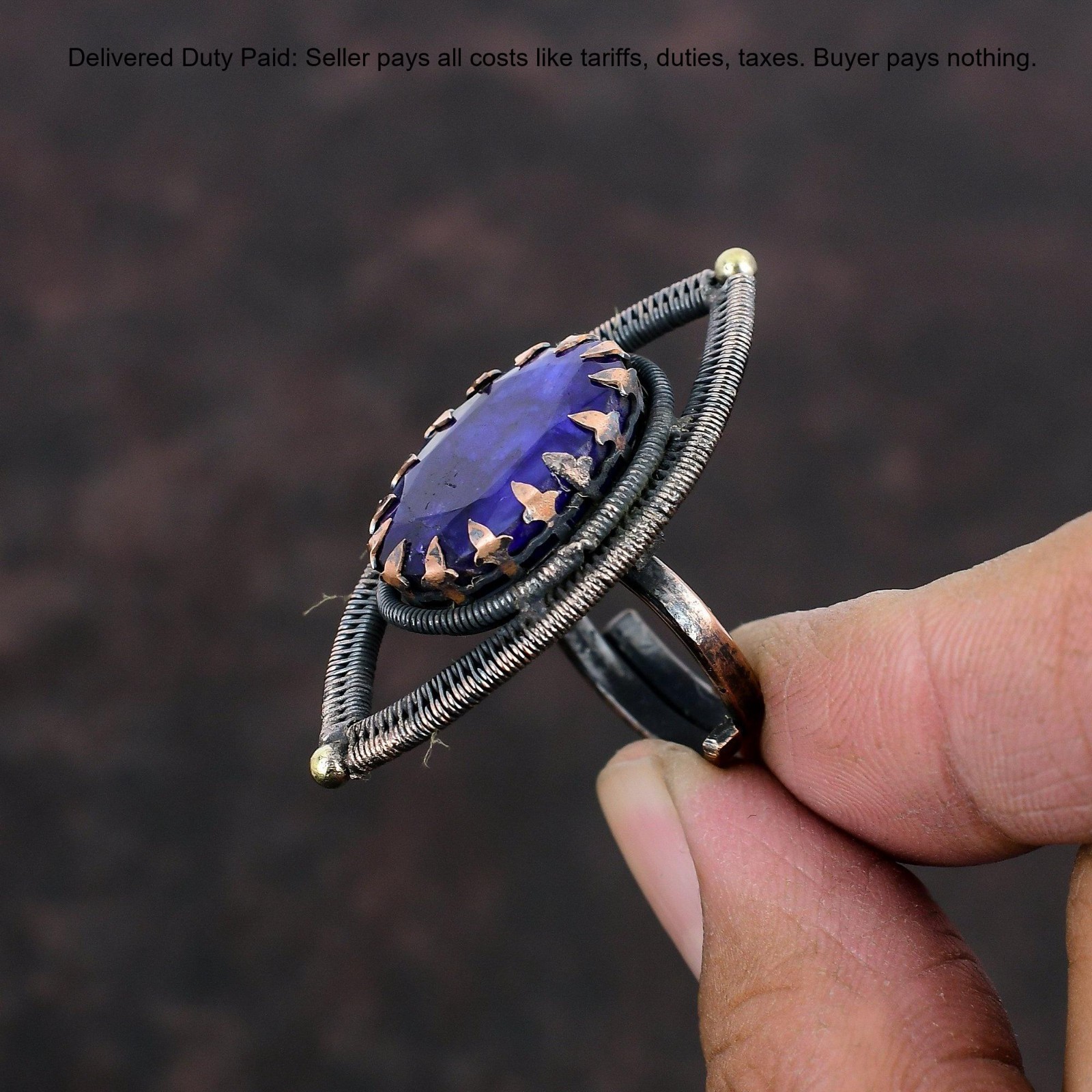 Oval Blue Saphire Stone Copper Statement Wedding Wire Wrapped Promise Wife Ring