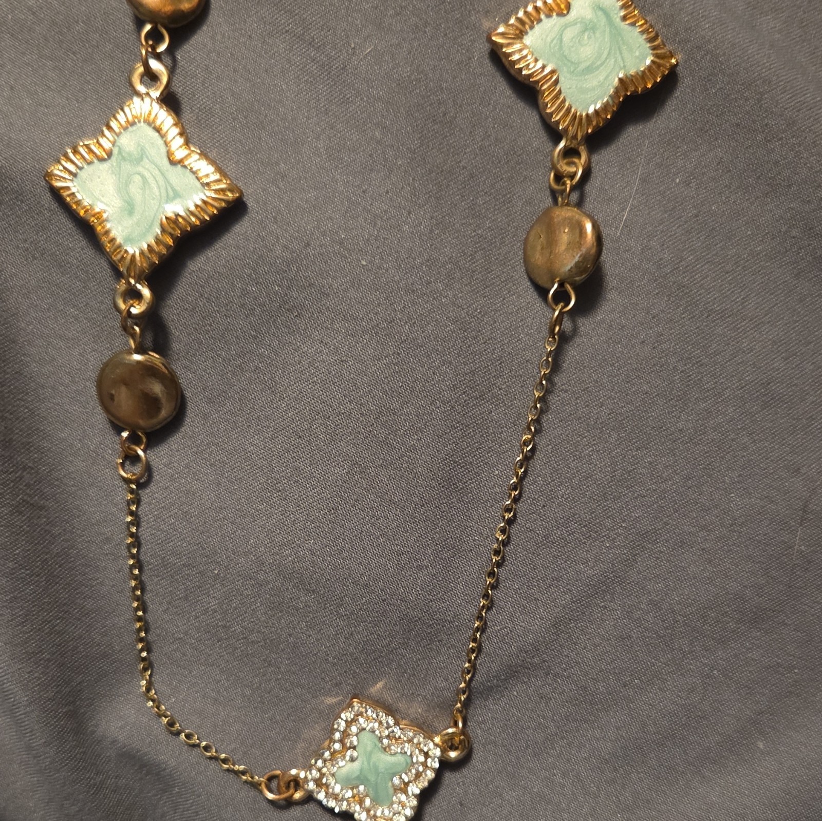 Gold Tone Teal Clover Bracelet &19″ Necklace Jewelry Set with Rhinestone Accents