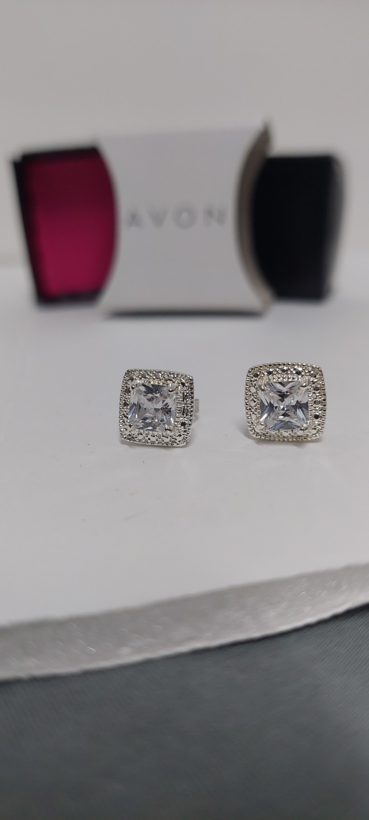 Avon Brilliant CZ Princess Square Halo Stud Earrings Silver Tone Butterfly Back