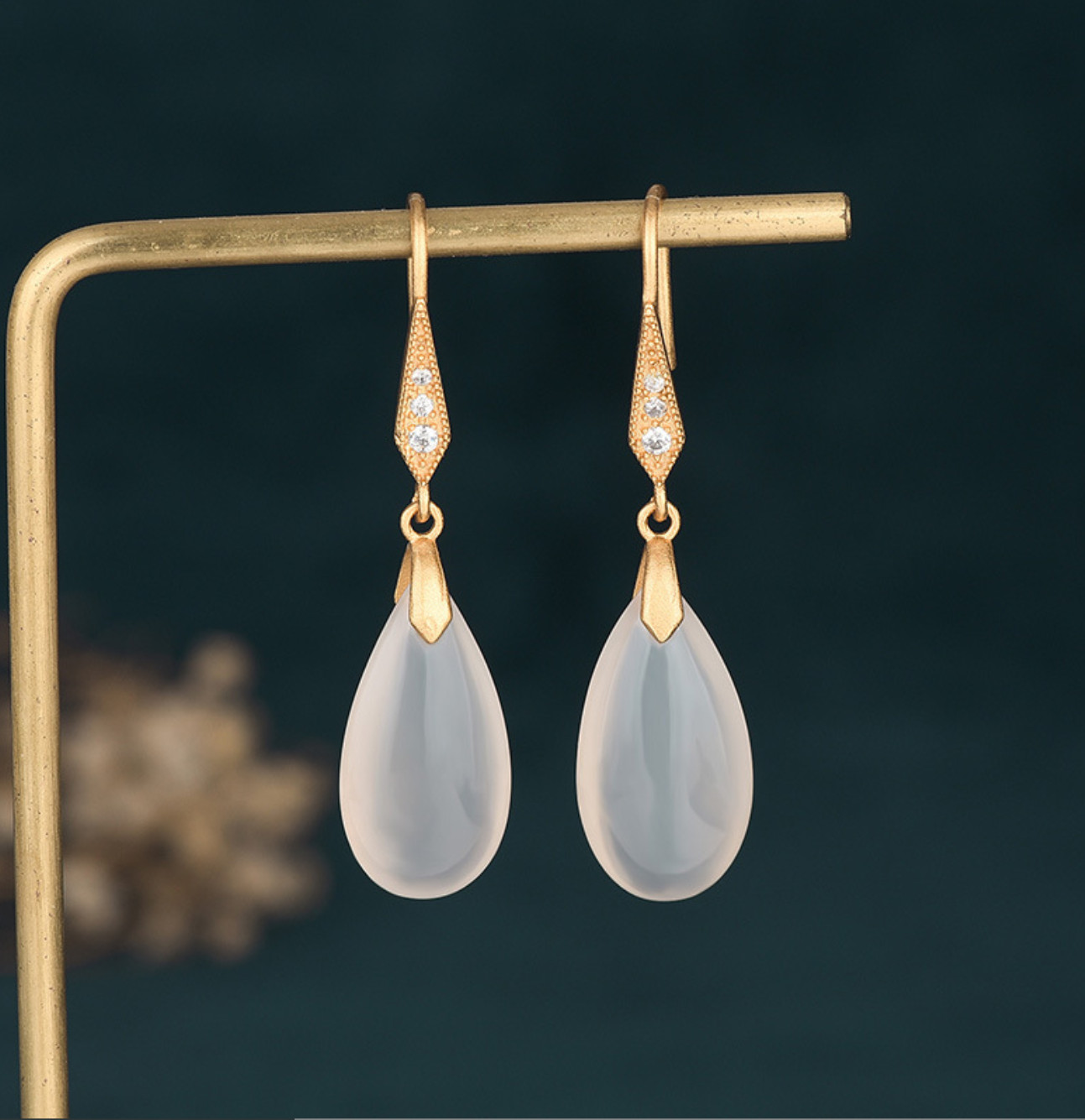 Jade Drop Dangle Earrings Boho Minimalist Hook Retro Waterdrop 18K Gold Plated