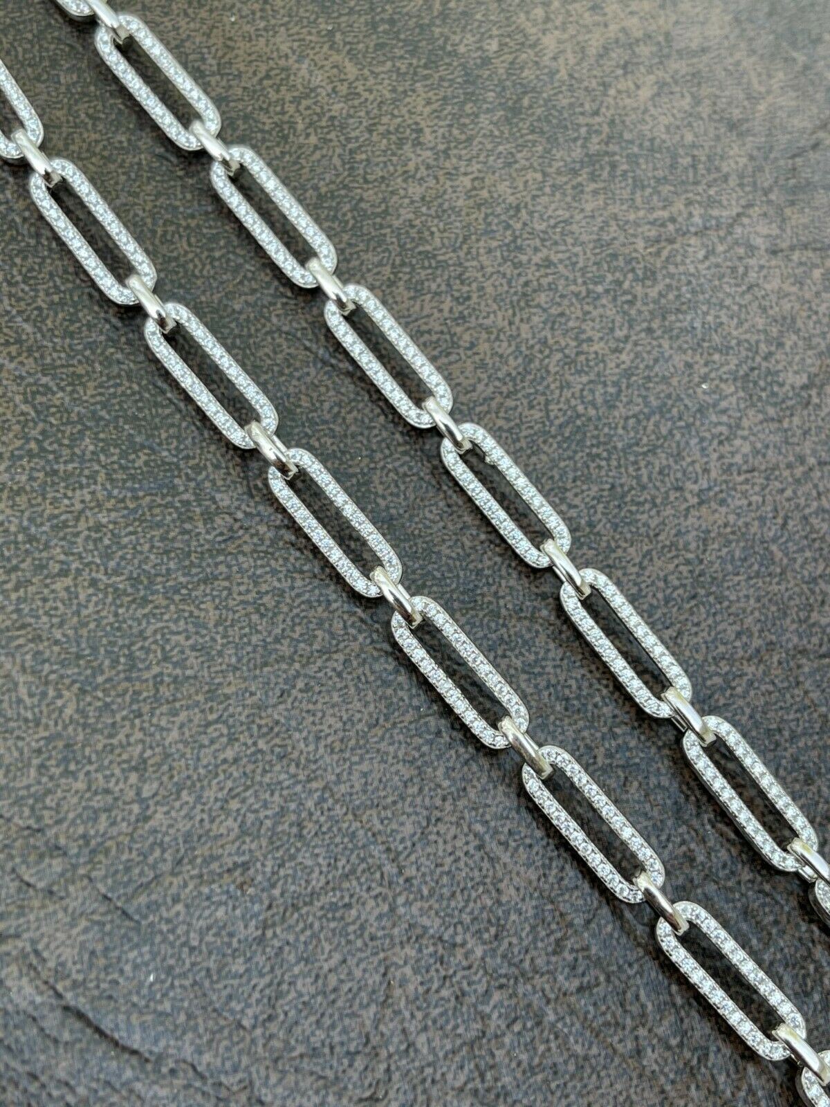 Ladies Solid 925 Sterling Silver Paperclip Chain Iced Simulated Diamonds 5mm
