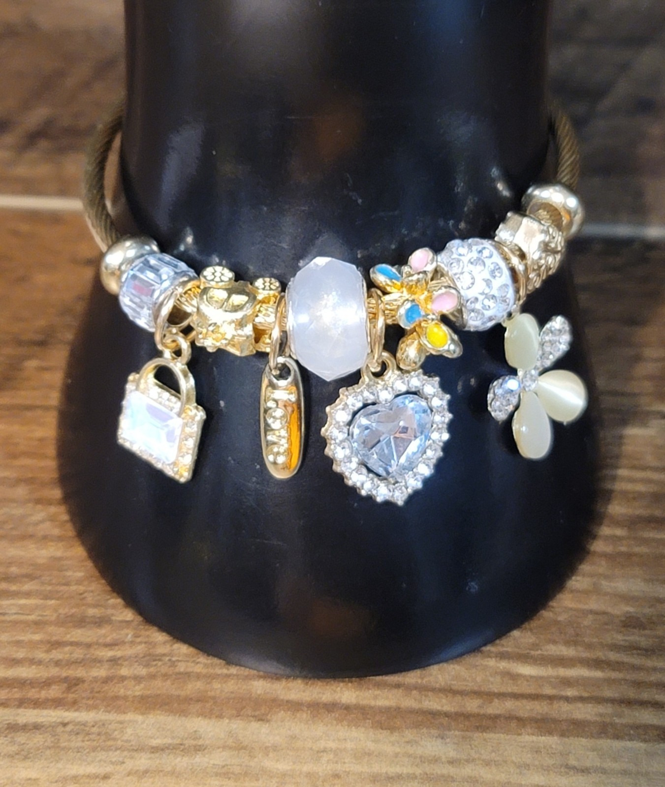 Gold Tone Bangle Charm Bracelet, Clear Crystal Heart & Flower Dangle Charms