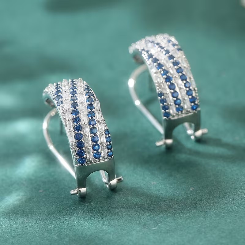 Round Cut Simulated Blue Sapphire Omega Back Hoop Earring 14K White Gold Plated