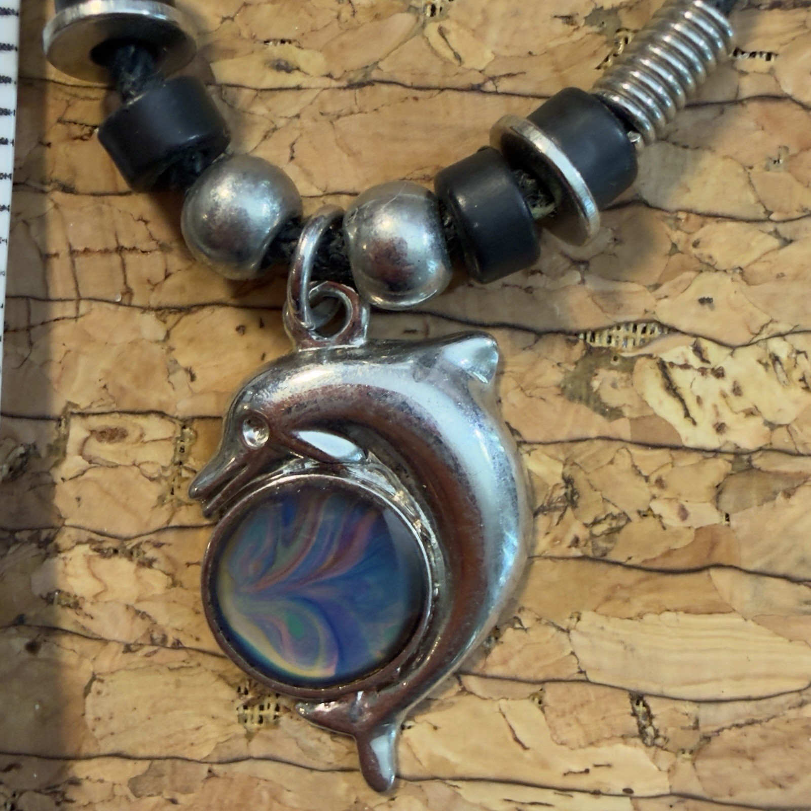 Vintage Y2K Mood Dolphin Necklace Color Change Pendant Black Cord Beach Boho