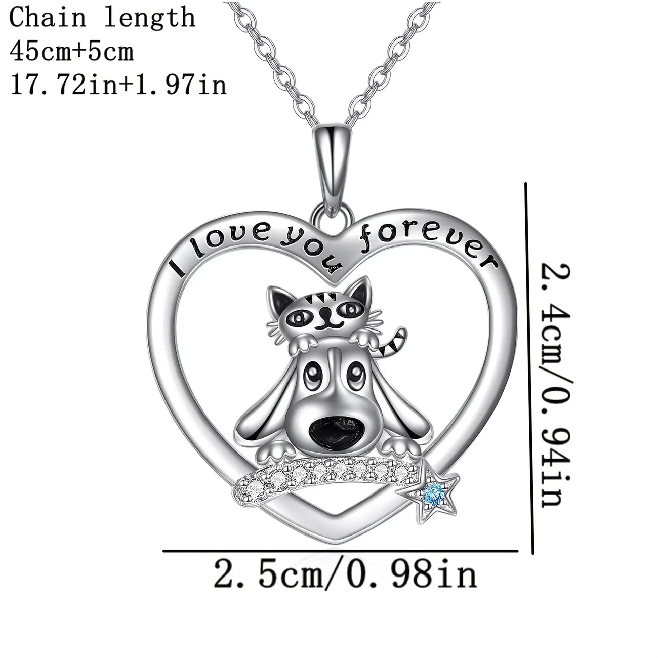 I Love You Forever Heart Shaped Dog Cat Rhinestone Pendant Necklace Silver Toned