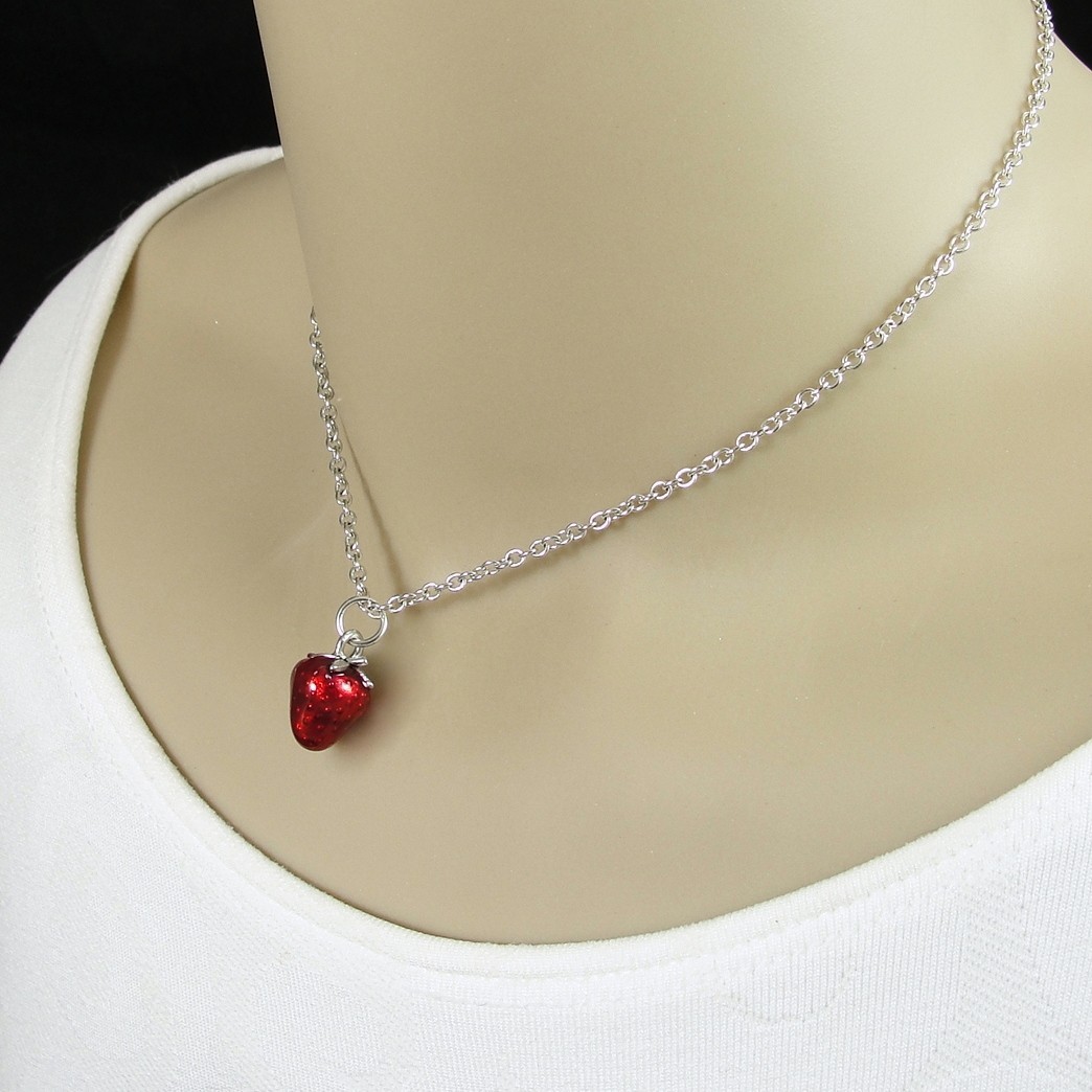 Strawberry Necklace – 3D Red Strawberry Charm – Enamel Strawberry Charm