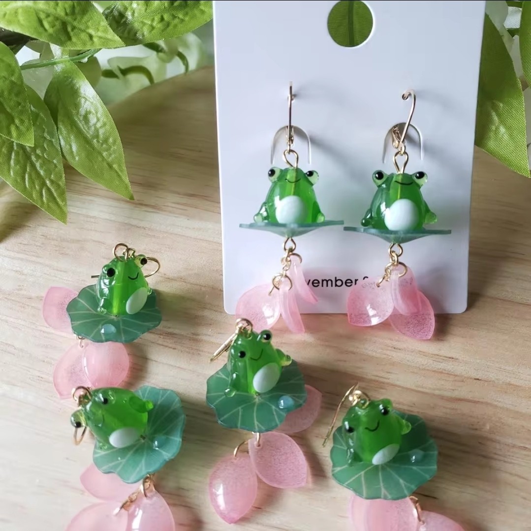 Handcrafted Green Frog & Pink Petal Charm Dangle Drop Earrings Acrylic, Hook
