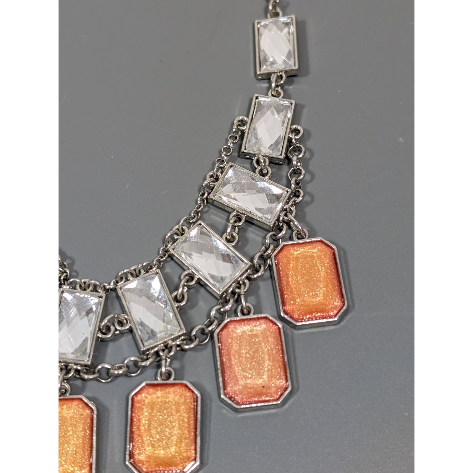 NYC Orange Cabochon Rectangle Charm Statement Necklace Silver Tone 21 in
