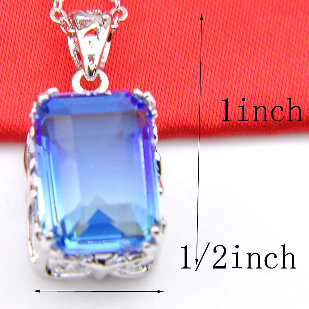 Holiday Handmade Rectangle Sky Blue Bi-color Tourmaline Silver Necklace Pendants