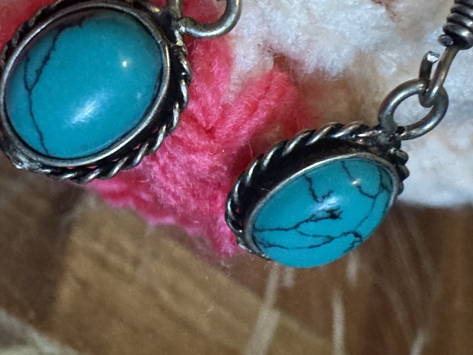 Silver Tone Oval Blue Turquoise Cabochon Bezel Set Dangle Hook Earrings 1.5 in