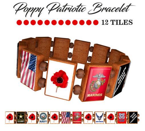 American Poppy Bracelet With Military Branch Support Bracelet 12 Tile