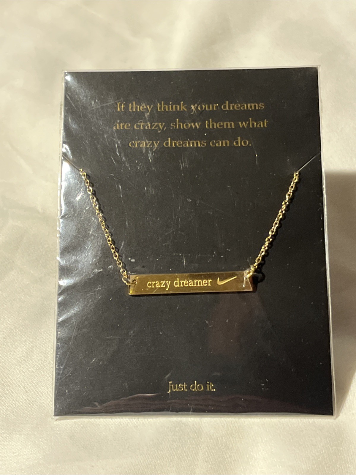Nike Crazy Dreamer Bar Pendant Necklace One Size Gold Tone Rare (Retired) New